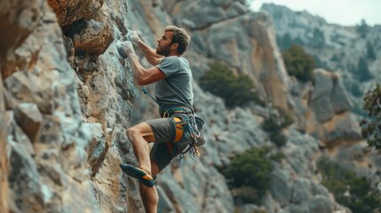 Daring rock climber is captured in mid-ascent,their determined expression and taut muscles conveying the immense physical and mental challenge of scaling the rugged,steep cliff face The