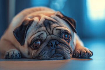 Pug breed dog lying on the floor looking to the camera close up with space for text or inscriptions

