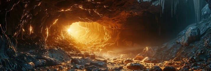 Adventure into the depths of a mysterious cave system,where ancient rock formations are illuminated by the warm glow of headlamps The cavernous environment - obrazy, fototapety, plakaty