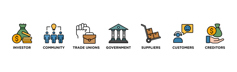 Stakeholder relationship banner web icon vector illustration concept for stakeholder, investor, government, and creditors with icon of community, trade unions, suppliers, and customers	