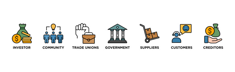 Naklejka premium Stakeholder relationship banner web icon vector illustration concept for stakeholder, investor, government, and creditors with icon of community, trade unions, suppliers, and customers 