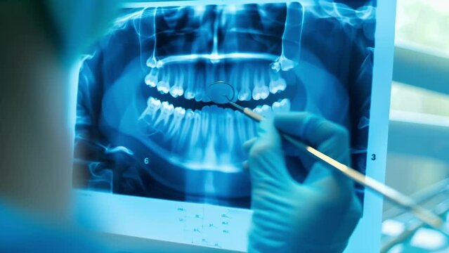 A series of xrays and digital images show the progression of a tooth extraction procedure from the initial damaged tooth to the careful extraction and final filling. The dentists