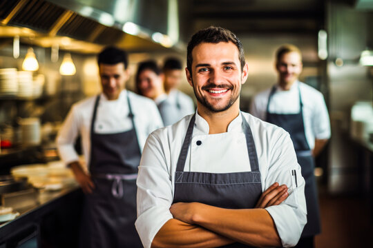 A male head chef exudes confidence with arms crossed in a commercial kitchen with cooks in the background