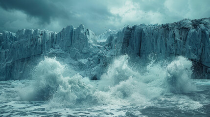 Stormy sea with turbulent waves crashing in front of a massive glacier with jagged peaks under a cloudy sky, conveying a sense of raw natural power and dramatic climate. - obrazy, fototapety, plakaty