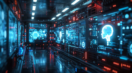 Futuristic server room with neon lights, showcasing advanced AI technology represented by digital human brain holograms - obrazy, fototapety, plakaty