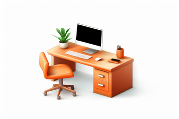 Fototapeta premium Bright office workspace depicted with a vibrant orange scheme in an isometric perspective