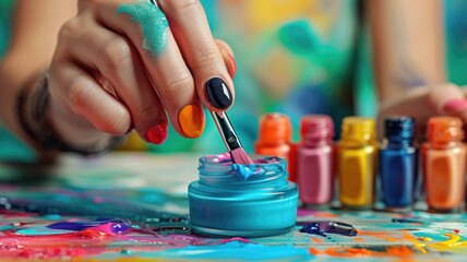 Close-up of a hand painting with bright colors on vivid, color-splattered surface, surrounded by open paint jars.