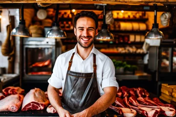 Fotobehang Confident young butcher standing confidently in a shop surrounded by various cuts of meat © Tixel