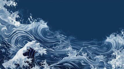 Abstract artistic illustration of blue waves with white foam on a dark background. - obrazy, fototapety, plakaty