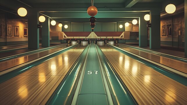 A vintage-themed bowling alley with a cozy, inviting atmosphere illuminated by warm lights.