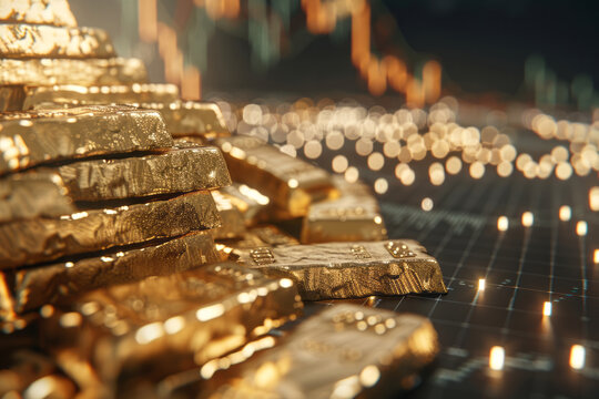 Gold bars on a stock market background with a chart, the motif of a fall or rise in gold bullion prices with a place for text or inscriptions
