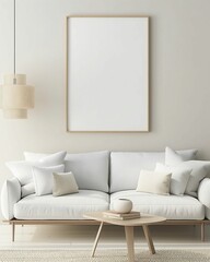 Modern Living Room Interior with Blank Art Frame, Beige Palette, Scandinavian Furniture
