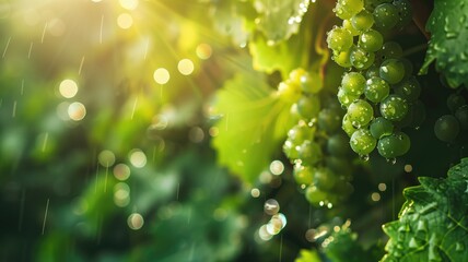 Juicy green grapes on a vine with sunlight filtering through, raindrops glistening the leaves and fruit.