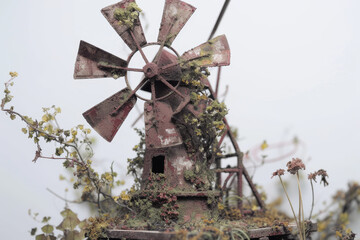 An old, forgotten windmill overtaken by moss and wear, stands still against a bland, dreary sky, evoking nostalgia and the passage of time - obrazy, fototapety, plakaty