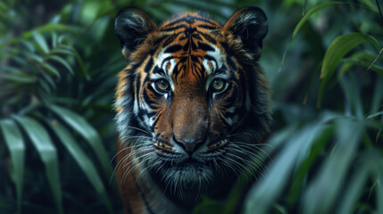 Close-up of a tiger's face peering through lush green foliage, with intense eyes maintaining direct eye contact, conveying a sense of the majestic and wild.