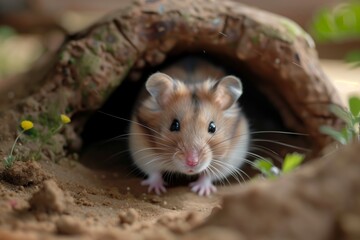 hamster exploring a burrow in a habitat enclosure