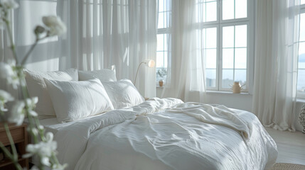 Unmade bed with white linen in a bright, airy bedroom with sheer curtains, large windows, and a serene ocean view.