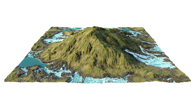 3D rendering of the mountain surrounded by the streams. Transparent background PNG file. 