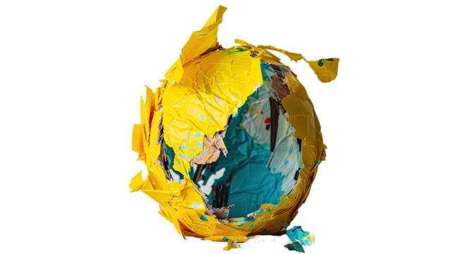 Yellow scrap paper ball with illustration painting inside human drawing for creative thinking idea for problem solving and innovation concept on transparent background