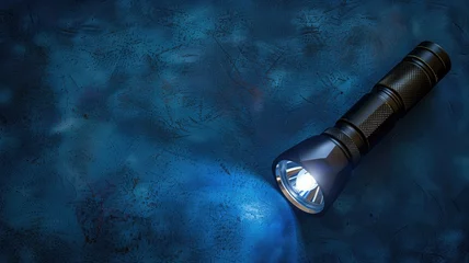 Poster A flashlight is shining on a textured blue background with visible light beam and shadow. © Artyom