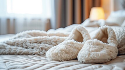 A pair of white, fluffy slippers on a soft, textured bedspread with warm, cozy bedroom ambiance. - obrazy, fototapety, plakaty