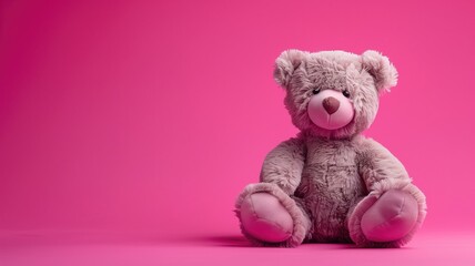 A fluffy bear sitting against a vibrant pink background.