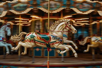 Fototapeta na wymiar Vintage carousel with brightly painted horses in motion. 