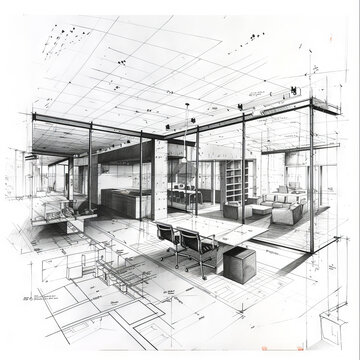 Detailed architectural rendering of an open-concept office space with precise measurements