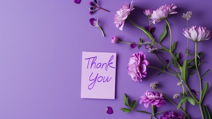 A "Thank You" card surrounded by purple and pink flowers against a lavender background.
