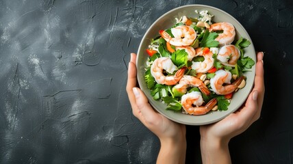 Hands holding a plate with fresh shrimp salad on dark textured background.