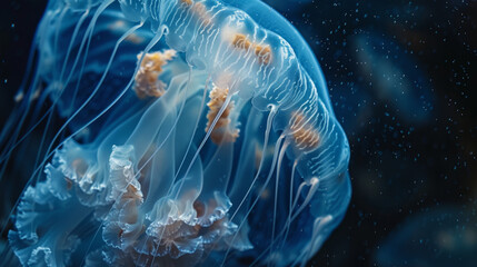 Close-up of jellyfish underwater, showcasing intricate details and patterns on a dark blue backdrop, with visible floating particles around it.