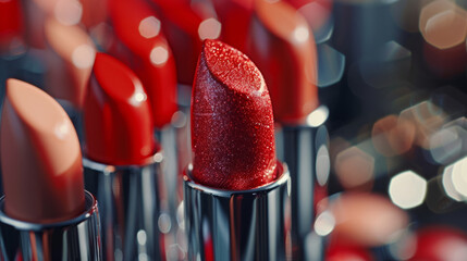 Close-up of a collection of lipsticks with different shades of red, featuring a prominent glittery lipstick in the center against a blurred background - obrazy, fototapety, plakaty
