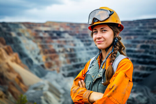 Confident female worker in protective gears standing in a quarry wit arms crossed
