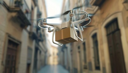 Small white drone with a brown cardboard box flying down a narrow street between buildings