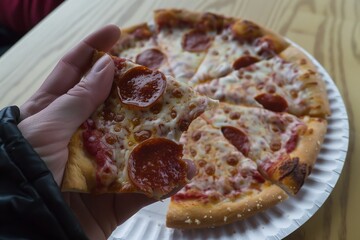 hand holding a pizza slice with one bite missing, set on a paper plate - 769631911