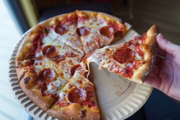 hand holding a pizza slice with one bite missing, set on a paper plate