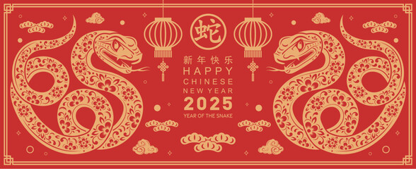 Happy chinese new year 2025 year of the snake with flower,lantern,asian elements red and gold traditional paper cut style on color background. (Translation : happy new year 2025 the snake zodiac )