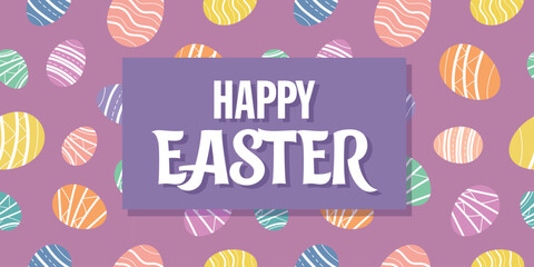 Happy Easter banner with colored decorative eggs on purple background. Easter eggs decorative background. Happy Easter header, poster, greeting card. Trendy Easter design