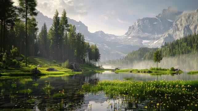 beautiful natural scenery with a mountain background.AI generated image
