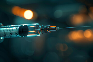 precision and sterility of the injection needle. Syringe with liquid close-up on a dark background with space for text or inscriptions
 - obrazy, fototapety, plakaty