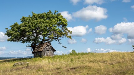 Obraz premium Old house in the middle of a meadow with mountain views.AI generated image