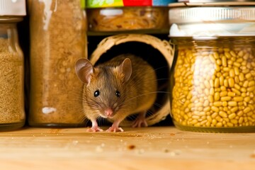 brown mouse peeking from a hole near pantry items - 769632336