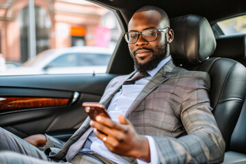 An elegantly dressed male figure utilizes a smartphone while riding in the backseat of a premium vehicle