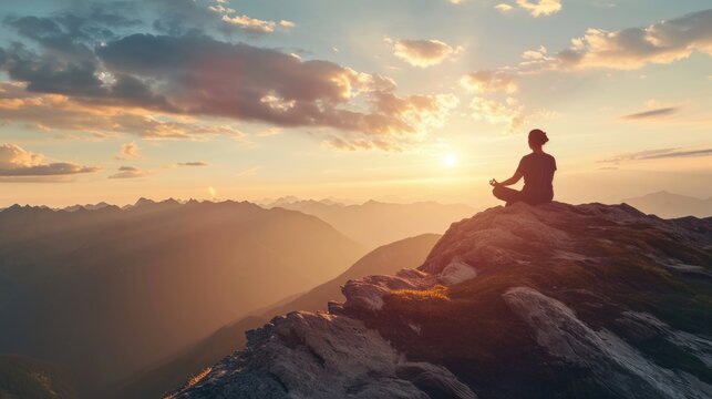 Person meditating at sunrise peak mountain