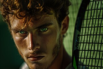 A close-up of a male tennis player gripping his racket with determination and focus on the game.