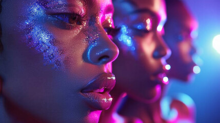 Obraz premium Close-up of two individuals with sparkling makeup under colorful lighting. The faces are partially illuminated, showcasing the glitter on their skin.