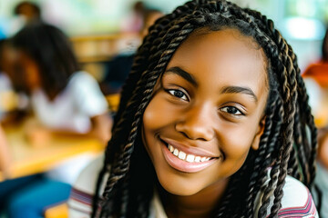 Close-up of a teenage girl with braids smiling radiantly in an educational setting - obrazy, fototapety, plakaty