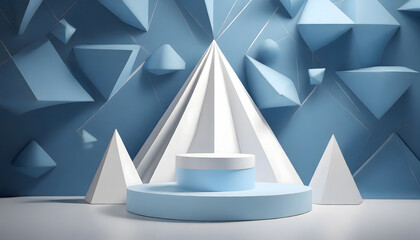 3D background with realistic blue, white cylinder stand podium and overlap triangles wall....