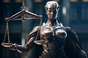 A robot with artificial intelligence next to the scales of justice making legal decisions - 769633184