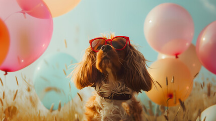 A magazine-style photo of a dog with sunglasses on running through a field with balloons in the background in summertime.